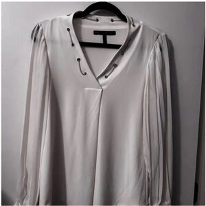 White House Black Market White V-Neck Blouse with Chain Eyelet Detail